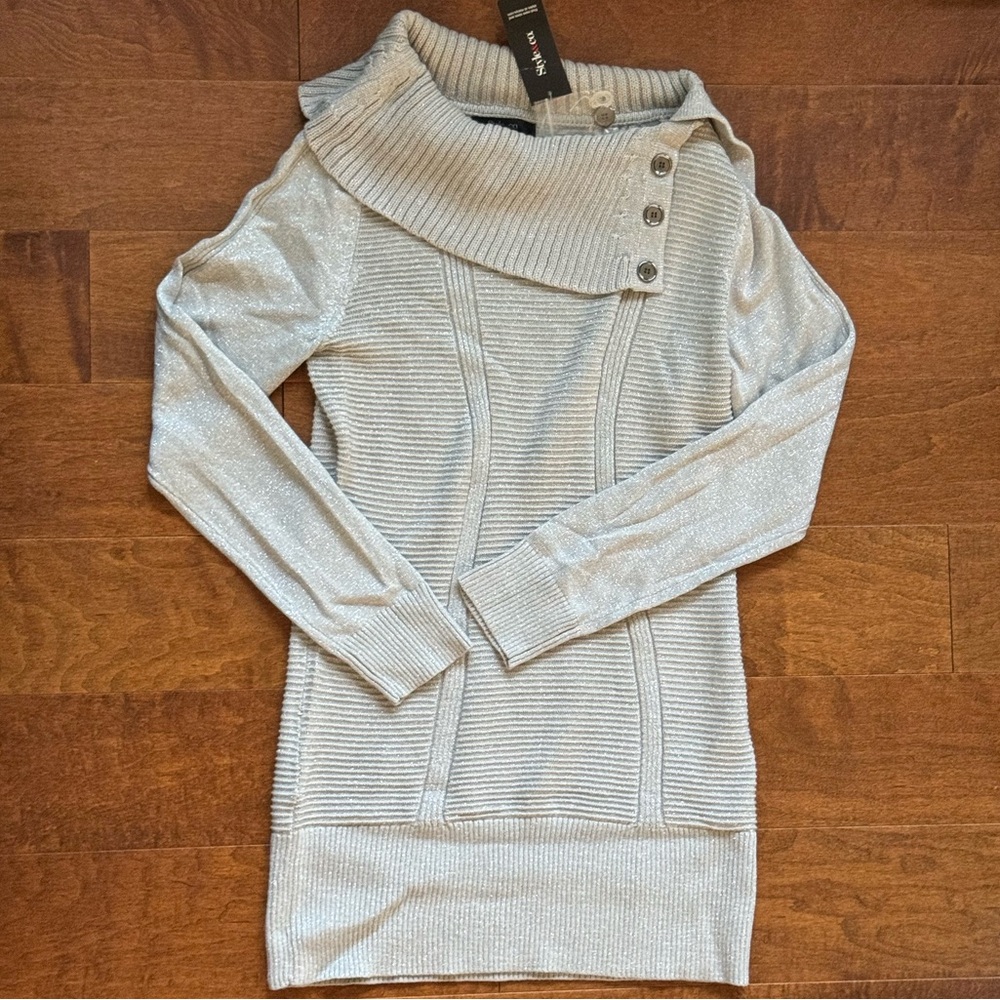 Sparkly sliver knitted style sweater dress above knee with grey chrome buttons